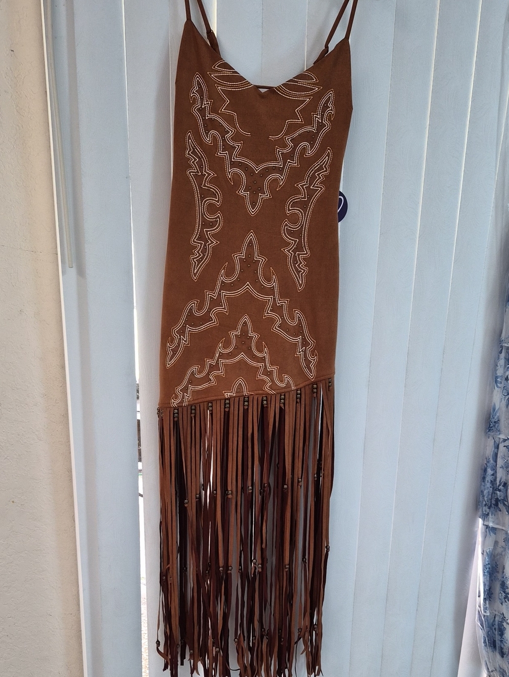 Brown Fringe Slip Dress with Embroidered Detail